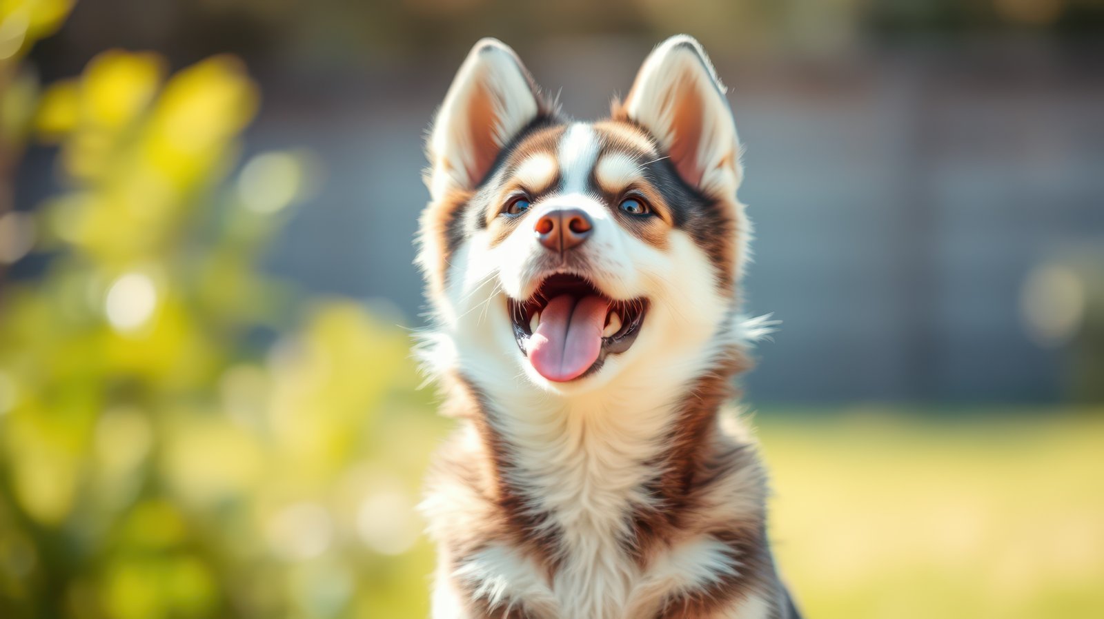 Happy puppy enjoying a sunny day in a green park with a playful expression and a wagging tongue